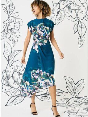 Maggy London Floral Print Asymmetric Draped Midi Dress 18